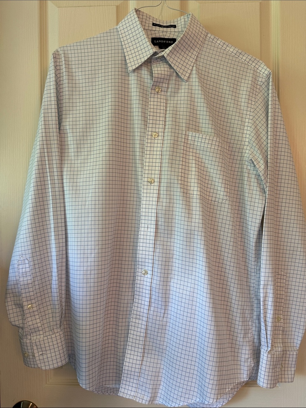 Lands' End Men's Light Blue and White Check Dress Shirt